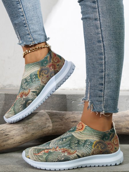 Breathable Printing Slip On Flyknit Sneakers, As picture, Sneakers