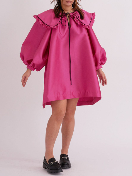 Navy Collar Satin Elegant Plain Dress, Pink, Mini Dresses