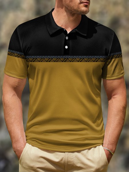 Ethnic Geometric Button Short Sleeve Polo Shirt, Yellow, Polo Shirts