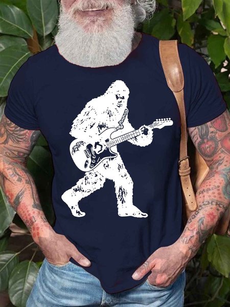 Men's Bigfoot Plays The Guitar Funny Graphic Printing Cotton Loose Casual T-Shirt, Purplish blue, T-shirts