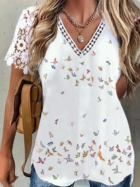 Loose V Neck Butterfly Simple Shirt, White, Blouses & Shirts