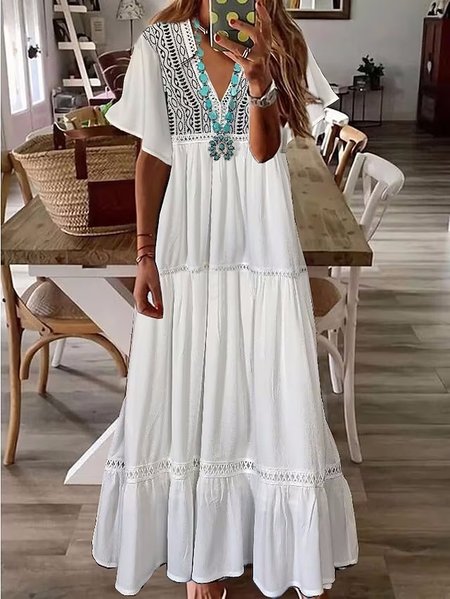 Lace Casual V Neck Ethnic Dress, White, Maxi Dresses