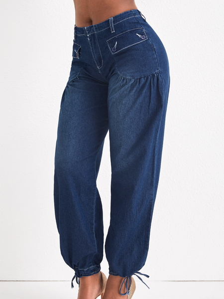 Dark Blue Zipper Fly Pocket Jogger Jeans, Denim blue, Jeans