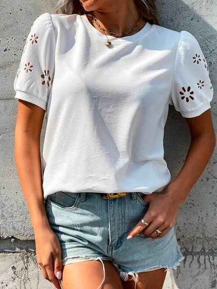 Crew Neck Floral Casual T-Shirt, White, Tees & T-shirts