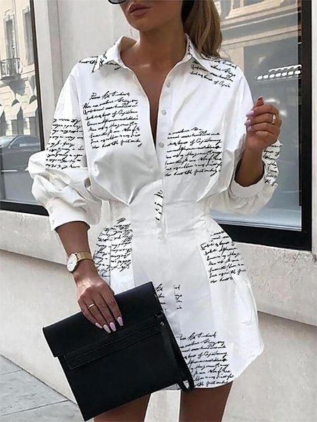 Text Letters Casual Shirt Collar Blouse, White, Blouses and Shirts