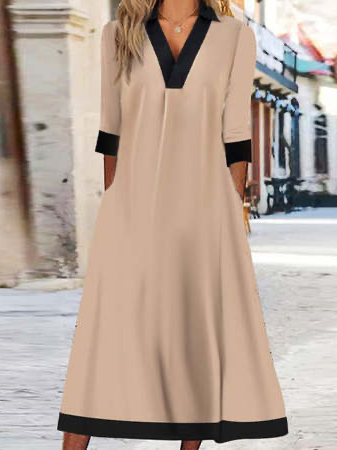 Casual V Neck Plain Dress, Khaki, Casual Dresses