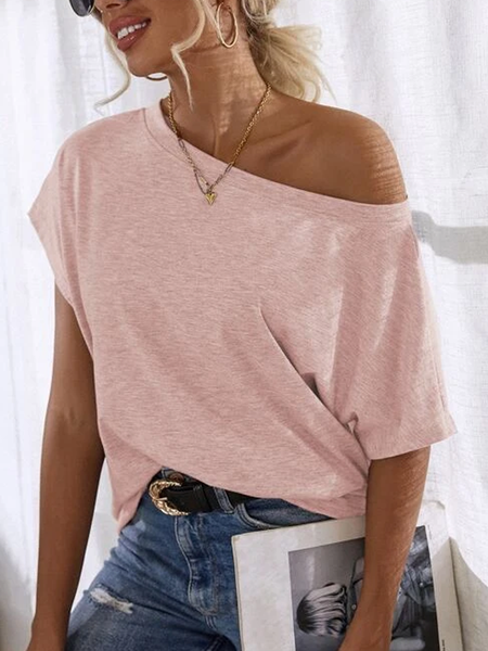 Loose Knitted Crew Neck Casual T-Shirt, Light pink, T-Shirts