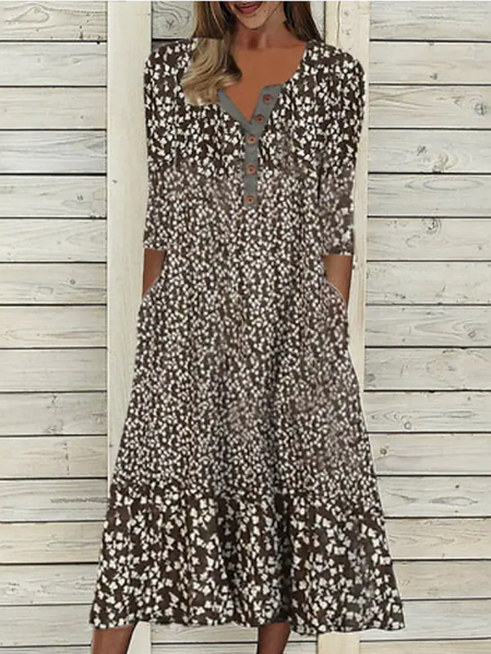 Casual Floral Loose V Neck Dress, Brown, Dresses