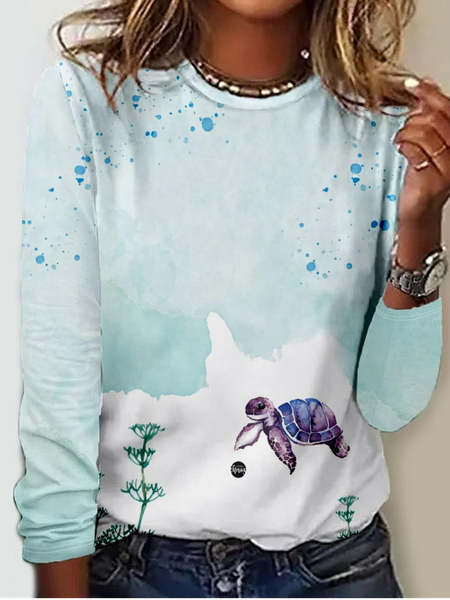 Women's Watercolor Sea Turtle Casual Shirt, Blue, Long sleeves