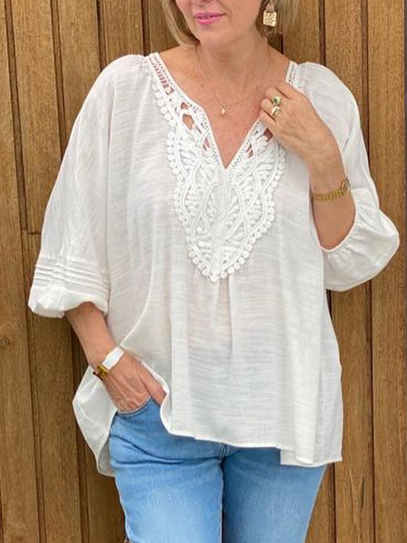 Cotton And Linen Boho Notched Shirt, Off white, Tunics