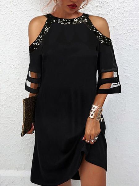 Ethnic Crew Neck Loose Plain Dress, Black, Dresses