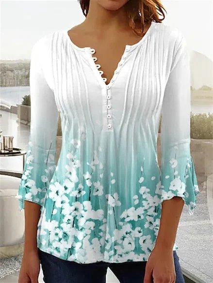 Floral Casual V Neck Regular Fit Shirt, White, Shirts & Blouses