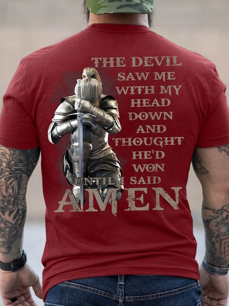 

Men's The Devil Saw Me With My Head Down Until I Said Amen Funny Graphic Printing Cotton Casual Text Letters Loose T-Shirt, Red, T-shirts