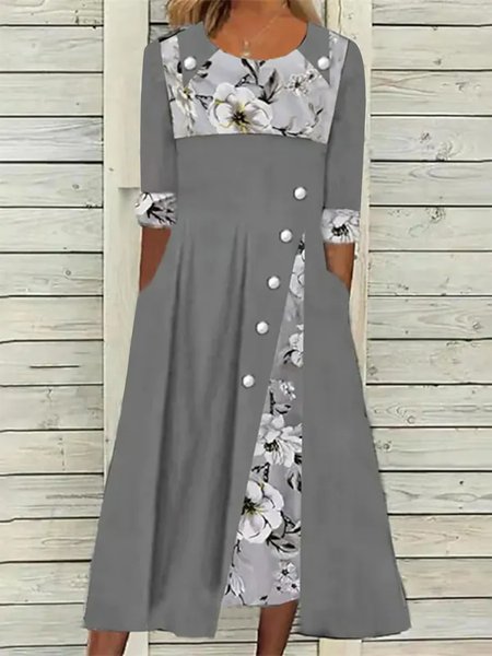 Elegant Floral-Print Half-Sleeve Buttoned Dress, Gray, Dresses