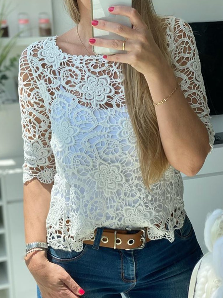 Lace Boho Lace Crew Neck Shirt, Off white, Shirts & Blouses
