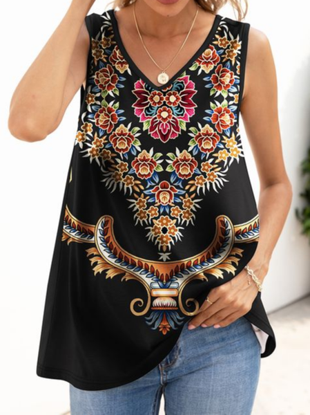 Ethnic Ethnic V Neck Tank Top, Black, Tanks & Camis