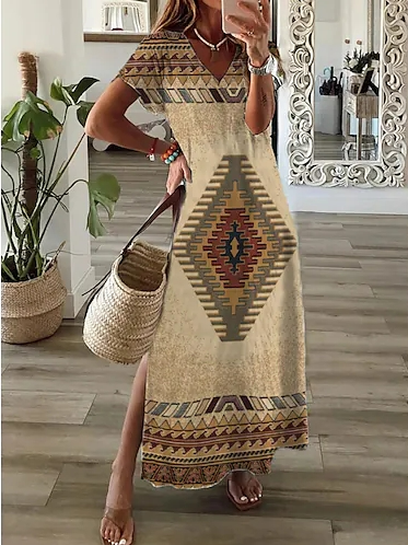 V Neck Ethnic Ethnic Dress, Multicolor, Dresses