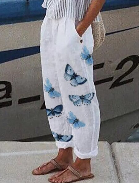 Butterfly Cotton And Linen Casual Pants, White, Pants