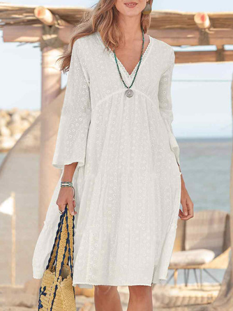 Casual Plain Cotton And Linen V Neck Dress, White, Dresses