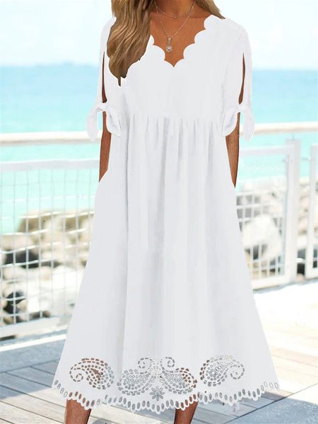 Casual Regular Fit V Neck Plain Dress, White, Midi Dresses