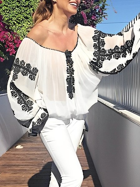 Cold Shoulder Loose Casual Blouse, Black-white, Blouses and Shirts