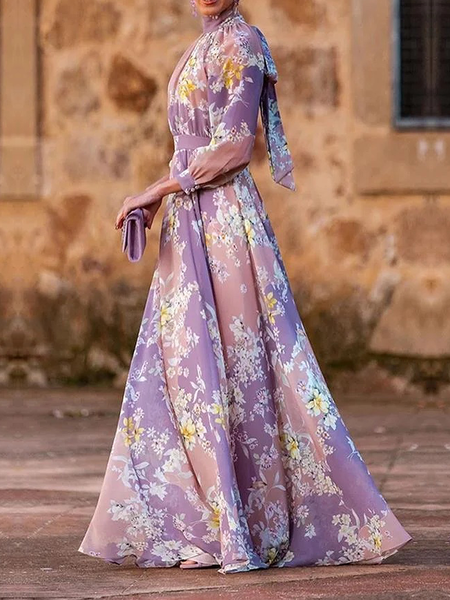 Loose Elegant Stand Collar Long sleeve Long Dress, Purple, Maxi Dresses