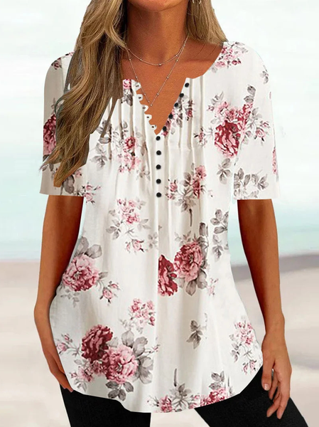 Casual Floral V Neck Shirt, White, Shirts & Blouses