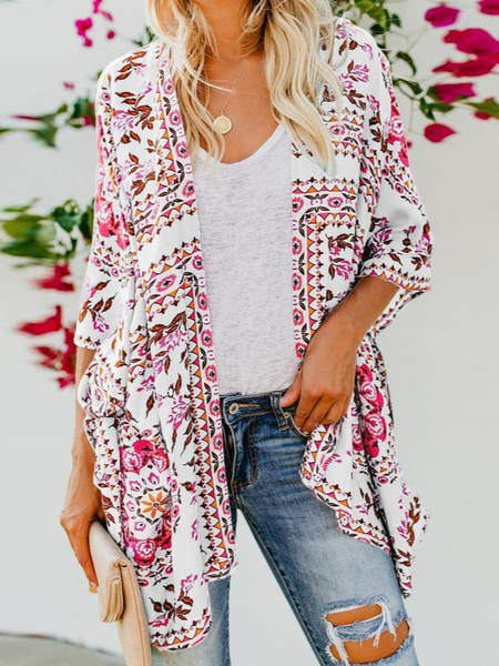 Loose Floral Wrap Boho Kimono, White, Cardigans