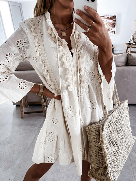 Loose Stand Collar Lace Flare Sleeve Casual Dress, White, Mini Dresses