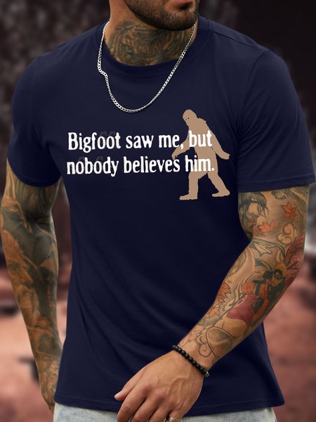 

Men's Bigfoot Saw Me But Nobody Believes Him Funny Graphic Printing Cotton Loose Text Letters Casual T-Shirt, Purplish blue, T-shirts