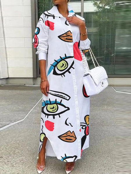 Loose Urban Abstract Shirt Collar Long sleeve Long Dress, White, Maxi Dresses