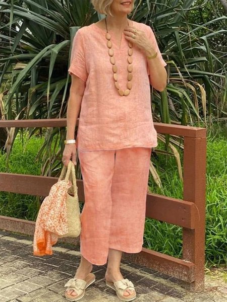 V Neck Loose Casual Two-Piece Set, Light orange, Tops