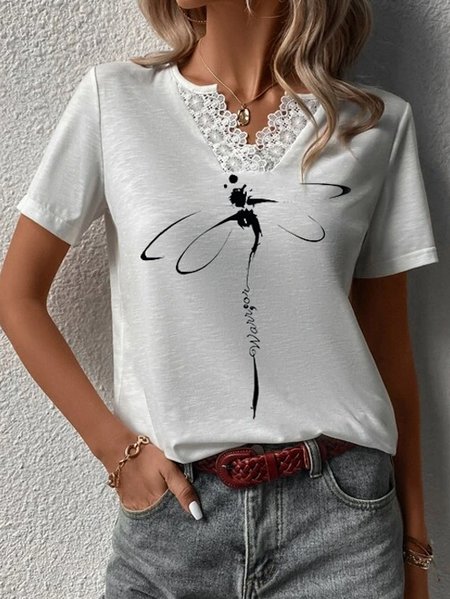 Lace Dragonfly Knitted Casual T-Shirt, White, T-Shirts