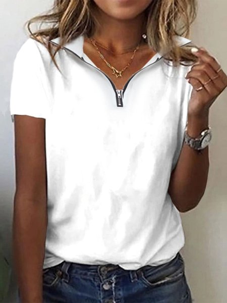 Casual Plain Zipper Regular Fit T-Shirt, White, T-Shirts