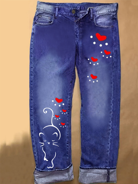 Women's Cat Lover Print Casual Jeans, Blue, Jeans