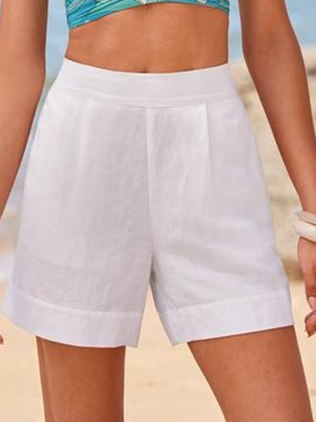 Summer White Elastic Waist Casual Cotton And Linen Shorts, Shorts