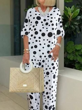 Polka Dots Casual Crew Neck Loose Two-Piece Set, White, Suits