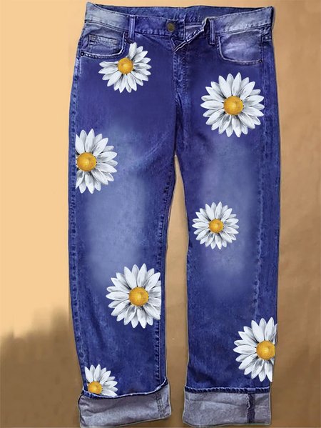 Women's Daisy Print Casual Denim Jeans, Blue, Jeans
