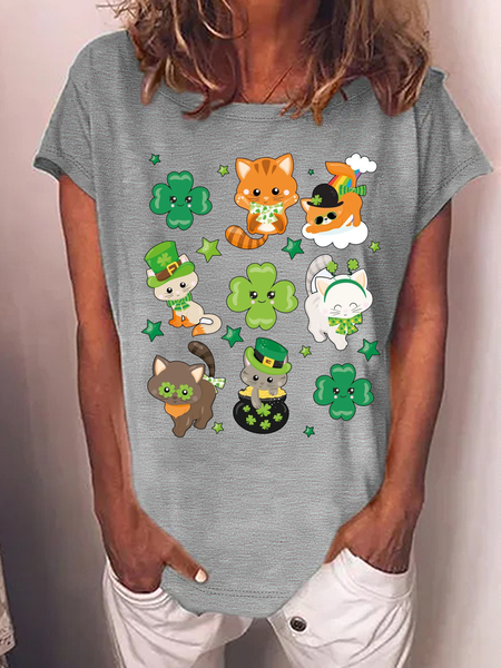 Women's St Patrick's Day Cat Casual Cat Crew Neck T-Shirt, Gray, T-shirts