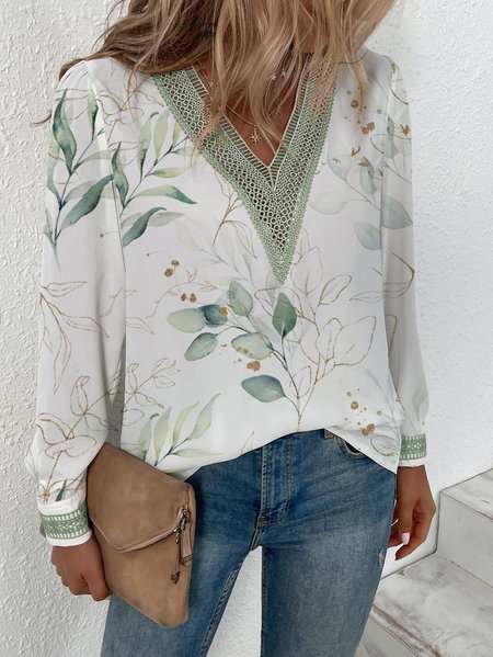 Loose Floral Casual V Neck Lace Top, White, Shirts & Blouses