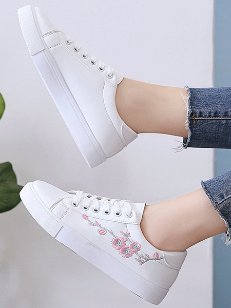 Embroidery Floral Casual Lace-Up Canvas Shoes, Pink, Sneakers