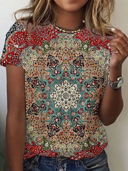 Regular Fit Ethnic Crew Neck Casual T-Shirt, Red, T-Shirts