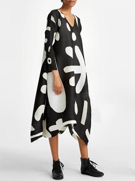 V Neck Casual Loose A-Line Dress, Black, Midi Dresses