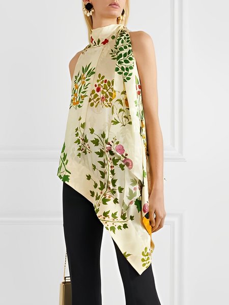 Floral Halter Loose Vacation Sleeveless Blouse, Apricot, Blouses and Shirts