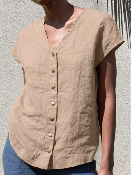 Loose Casual V Neck Plain Blouse, Apricot, Shirts & Blouses