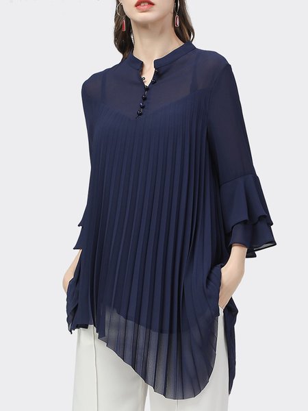 Elegant Loose Pleated Stand Collar Plain Blouse, Purplish blue, Blouses and Shirts