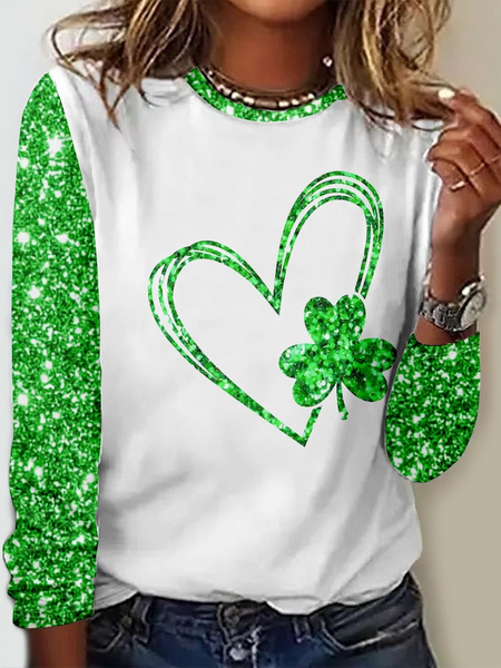

Women's St. Patrick's Day Green Funny Shamrock Printing Plants Casual Crew Neck Blouse, As picture, T-Shirts