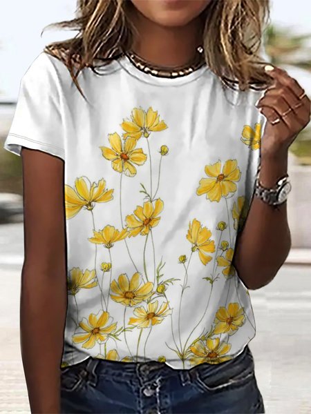 Women's Crew Neck Simple Floral Loose T-Shirt, White, T-shirts