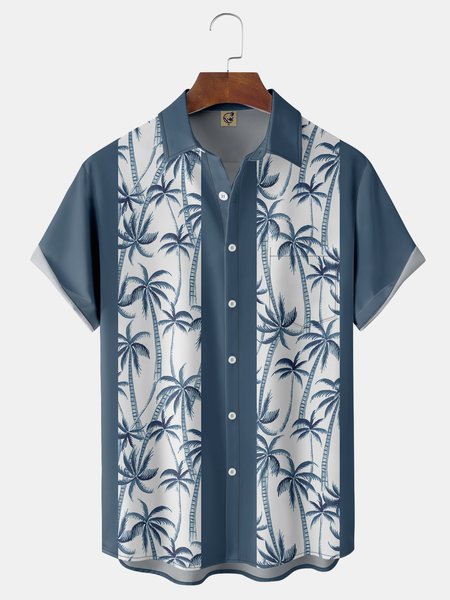 Coconut Tree Chest Pocket Short Sleeve Bowling Shirt, Blue, Men Shirts
