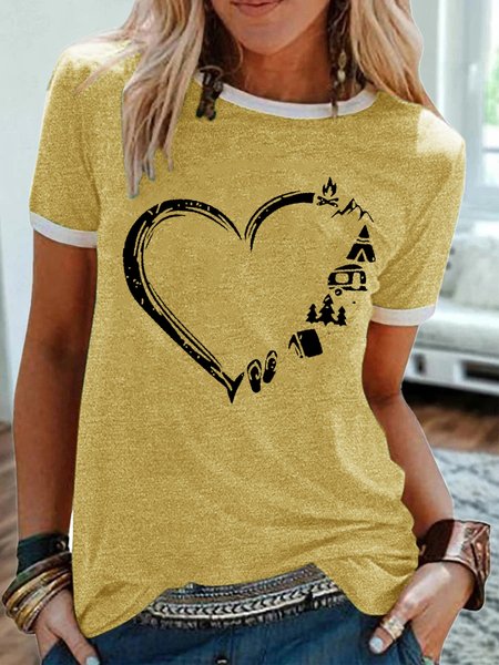Women's Camp Lover Camping Camping Heart Cute Hiking Adventure Casual T-Shirt, Yellow, T-shirts
